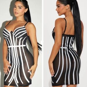 Reflective Mesh Striped Bodycon Dress